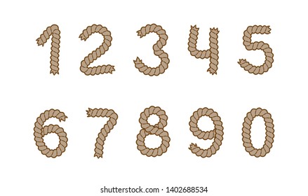 Set of rope numbers from 1 to 0. Colored vector illustration, isolated on white