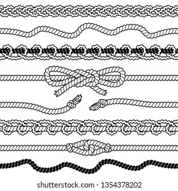 Set of rope seamless borders with loops, tassels and bow. Black and white vector illustration