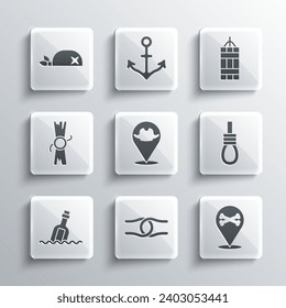 Set Rope tied in a knot, Location pirate, Gallows rope loop hanging, Bottle with message water, Decree, parchment, scroll, Pirate bandana for head and Dynamite bomb icon. Vector