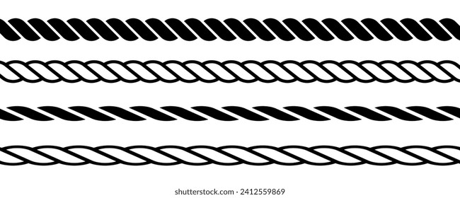 Set of rope vector icons. Marine rope. Black cord.