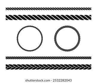 Set of Rope vector icons. Round rope curve vector set. Straight rope vector icon. Round rope frames.
