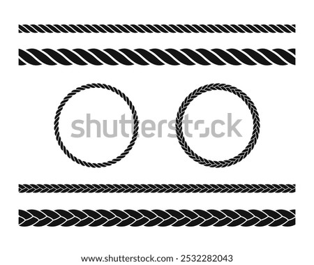 Set of Rope vector icons. Round rope curve vector set. Straight rope vector icon. Round rope frames.