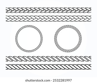 Conjunto de vetor de corda. Armações de corda náutica e contornos definidos. Contorno de vetor de corda reta e redonda. Vetor de ícone de corda