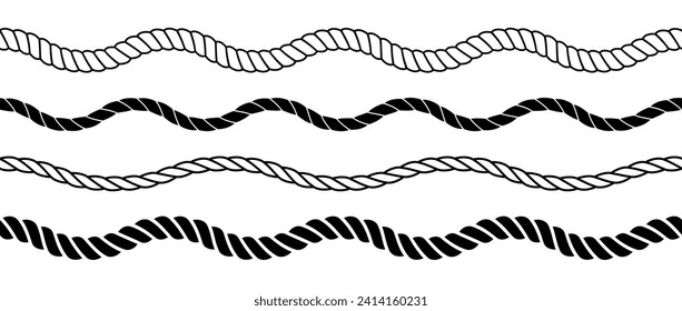 Conjunto de ondas de cuerda. Colección repetitiva de cordones de cáñamo. Cadena de agitación, trenzas, paquete de trenzas. Patrón de trenzas decorativas impecable. Elementos de diseño de bielas marinas vectoriales para banner, afiche, marco, borde