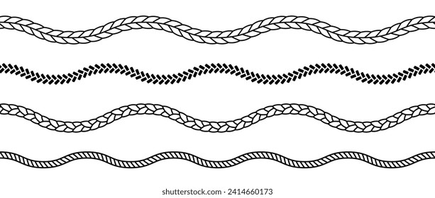 Set of rope waves. Repeating hemp cord stripes collection. Waving chain, braid, plait bundle. Seamless decorative plait pattern. Vector marine twine design elements for banner, poster, frame, border