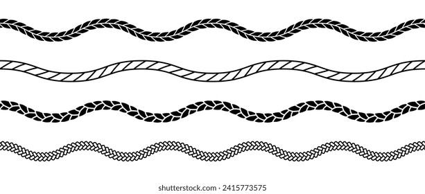 Set of rope waves. Repeating hemp cord stripes collection. Wavy chain, braid, plait bundle. Seamless decorative plait pattern. Vector marine twine design elements for banner, poster, frame, border