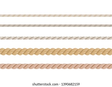 Set of ropes. Different nautical cords isolated on white background. Sailing vector decoration elements.Vector illustration of marine string  in cartoon flat style.