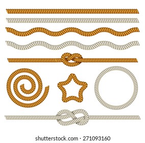 A set of ropes, knots and frame from rope isolated on white background. Vector illustration.
