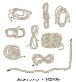 Set of ropes. Rope folded in different ways and folded several times around itself. Element of design. Vector illustration.