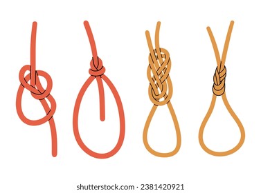 Set of ropes tied into different sea knots. Hand draw vector illustration