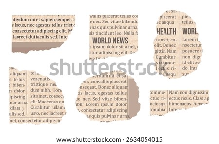 Set of ropped vintage newspaper with headline. Torn paper with text
