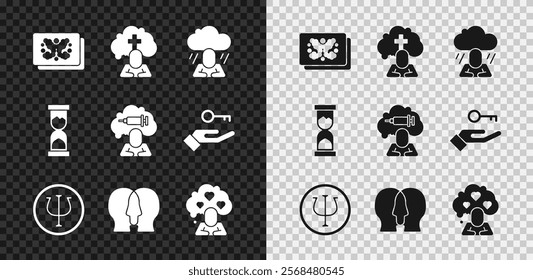 Set Rorschach test, Man graves funeral sorrow, Depression, Psychology, Psi, Bipolar disorder, Broken heart divorce, Old hourglass and Addiction to the drug icon. Vector