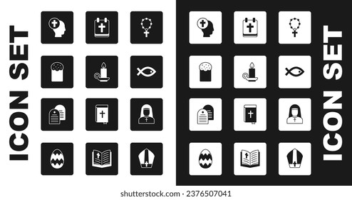 Set Rosary beads religion, Burning candle in candlestick, Easter cake, Priest, Christian fish symbol, Calendar with, Nun and Holy bible book icon. Vector