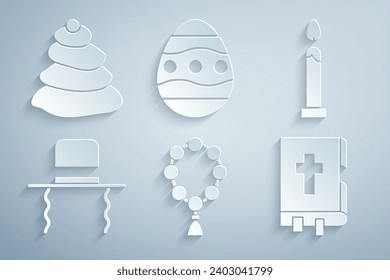 Set Rosary beads religion, Burning candle, Orthodox jewish hat with sidelocks, Holy bible book, Easter egg and Stack hot stones icon. Vector