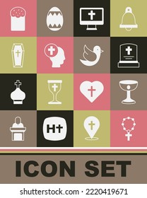 Set Rosary beads religion, Christian chalice, Grave with tombstone, cross monitor, Priest, Coffin, Easter cake and Dove icon. Vector