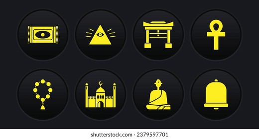 Set Rosary beads religion, Cross ankh, Muslim Mosque, Buddhist monk, Japan Gate, Masons, Church bell and Traditional carpet icon. Vector