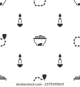 Set Rosary beads religion, Date fruit in bowl and Burning candle on seamless pattern. Vector