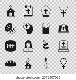 Set Rosary beads religion, Grave with tombstone, Pope hat, Priest, Christian bread, Church building and Easter cake icon. Vector