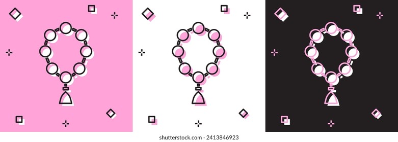 Set Rosary beads religion icon isolated on pink and white, black background.  Vector Illustration