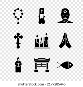 Set Rosary beads religion, Priest, Man with third eye, Monk, Japan Gate, Christian fish, cross and Burning candles icon. Vector