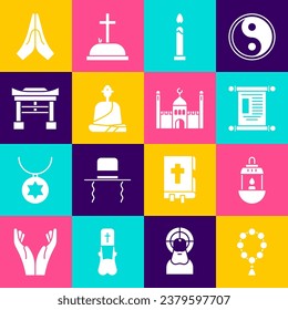 Set Rosary beads religion, Ramadan Kareem lantern, Decree, paper, parchment, scroll, Burning candle, Buddhist monk, Japan Gate, Hands praying position and Muslim Mosque icon. Vector