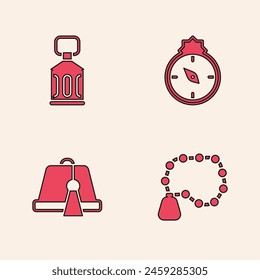 Set Rosary beads religion, Ramadan Kareem lantern, Qibla and Turkish hat icon. Vector