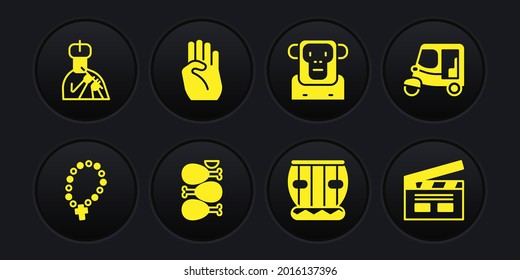 Set Rosary beads religion, Taxi tuk tuk, Tandoori chicken, Instrument tabla, Monkey, Indian symbol hand, Bollywood indian cinema and man plays flute icon. Vector