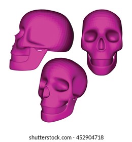 Set of Rose 3D Geometric Skulls on White. Low Poly Realistic Vector Illustration. Collection of Skulls in Different Views.