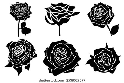 Set of Rose art vector icon Illustration . Beautiful Black and White Rose Flowers silhouette.
