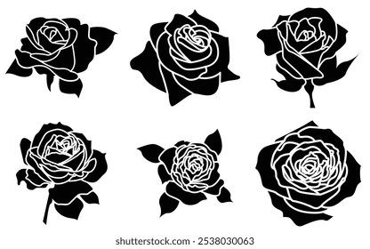 Set of Rose art vector icon Illustration . Beautiful Black and White Rose Flowers silhouette.