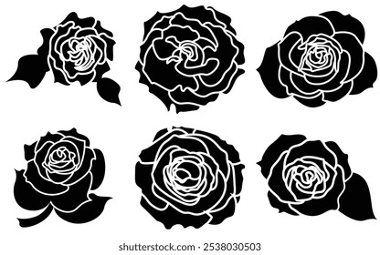 Set of Rose art vector icon Illustration . Beautiful Black and White Rose Flowers silhouette.
