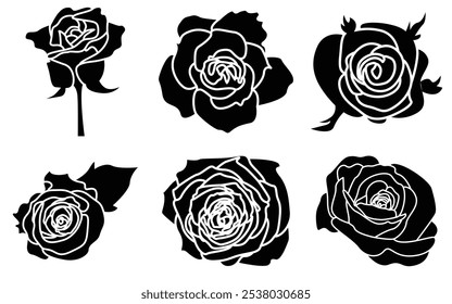 Conjunto de icono de Vector de arte rosa Ilustración . Hermosa silueta de flores de rosa en blanco y negro.