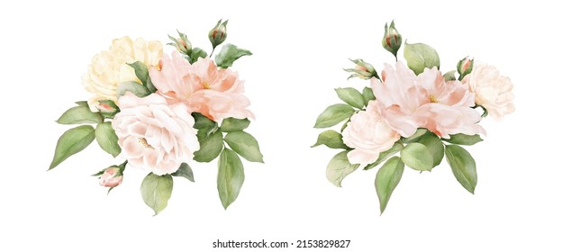 Set of rose bouquet decorative watercolor. Vector arrangements for wedding concept, greeting card or invitation design with collection of rose flowers and leaves.