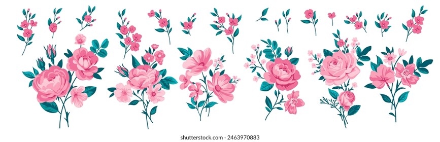 Set of rose bouquets for decoration greeting cards and design fabric