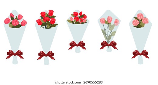 Ein Set von Rosensträußen, die in Packpapier mit roter Schleife eingewickelt sind. Vektorgrafik einzeln auf weißem Hintergrund.