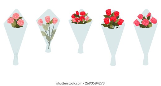 Um conjunto de buquês de rosas em papel de embrulho. Ilustração vetorial isolada em um fundo branco.