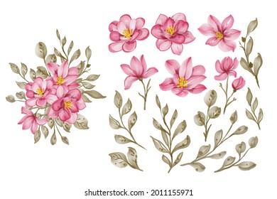 set of rose burgundy flower and leaf isolated clip-art