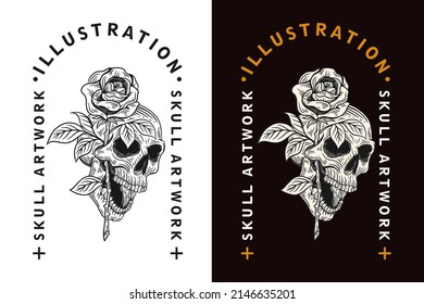 Set Rose Dark illustration Skull Bones Head Hand drawn Hatching Outline Style Mystical Celestial Symbol Tattoo Merchandise T-shirt Merch vintage