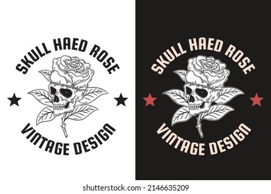Set Rose Dark illustration Skull Bones Head Hand drawn Hatching Outline Style Mystical Celestial Symbol Tattoo Merchandise T-shirt Merch vintage