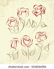 A set of rose drawn in pen and ink. Graphic roses isolated on old grunge paper.
