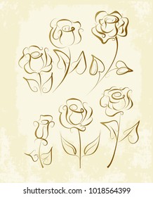 A set of rose drawn in pen and ink. Graphic roses isolated on old grunge paper.
