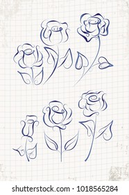 A set of rose drawn in pen and ink. Graphic roses isolated on old grunge paper in the cage.
