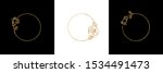 Set Rose Flower gold frame badge and icon in trendy linear style. Vector Logo Emblem of Rosebud. Can be Used Template for packing cosmetics, beauty Studio, hairdresser, nail Studio, Spa.