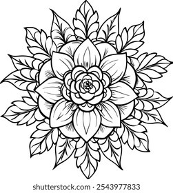 Set of rose flower greenery leaves line art isolated. Spring floral garden roses black logo wreath sketch plant. Vector illustration botanical stem, green leaves, floral bloom