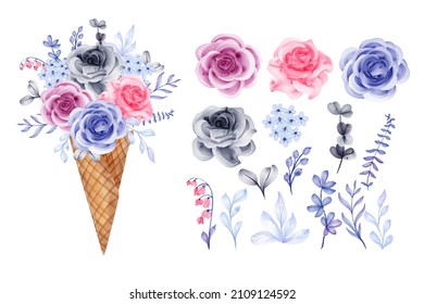 Set of Rose Flower with Ice Cone Element Clipart