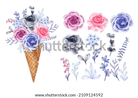 Set of Rose Flower with Ice Cone Element Clipart