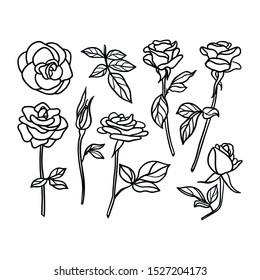 Defina el dibujo de la línea de flor de rosa. Colección Vector Floral en un estilo minimalista moderno. Para el diseño de logotipos, invitaciones, carteles, postales, impresiones en Pantalones-t.