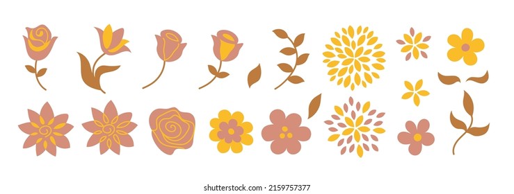 Set with a rose flower in a modern abstract flat style. Simple tulip and roses drawing. Vector nature illustration. Old rose and yellow Daring Sunflower color. Flowers minimalist collection. 