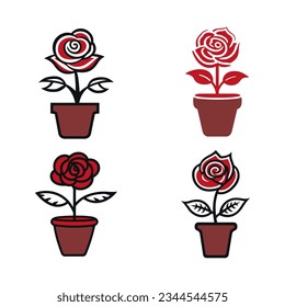 Set of rose flower on pot icon. Flat color design vector illustration