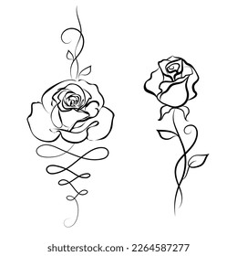 Set rose flower on stalk leaves with swirls in black lines as element of pattern for design or tattoo